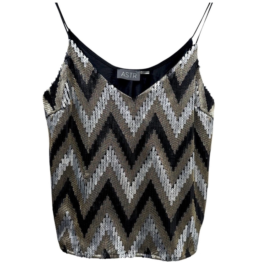 ASTR Sequin Chevron Camisole Tank Black Silver Spaghetti Strap Size Large